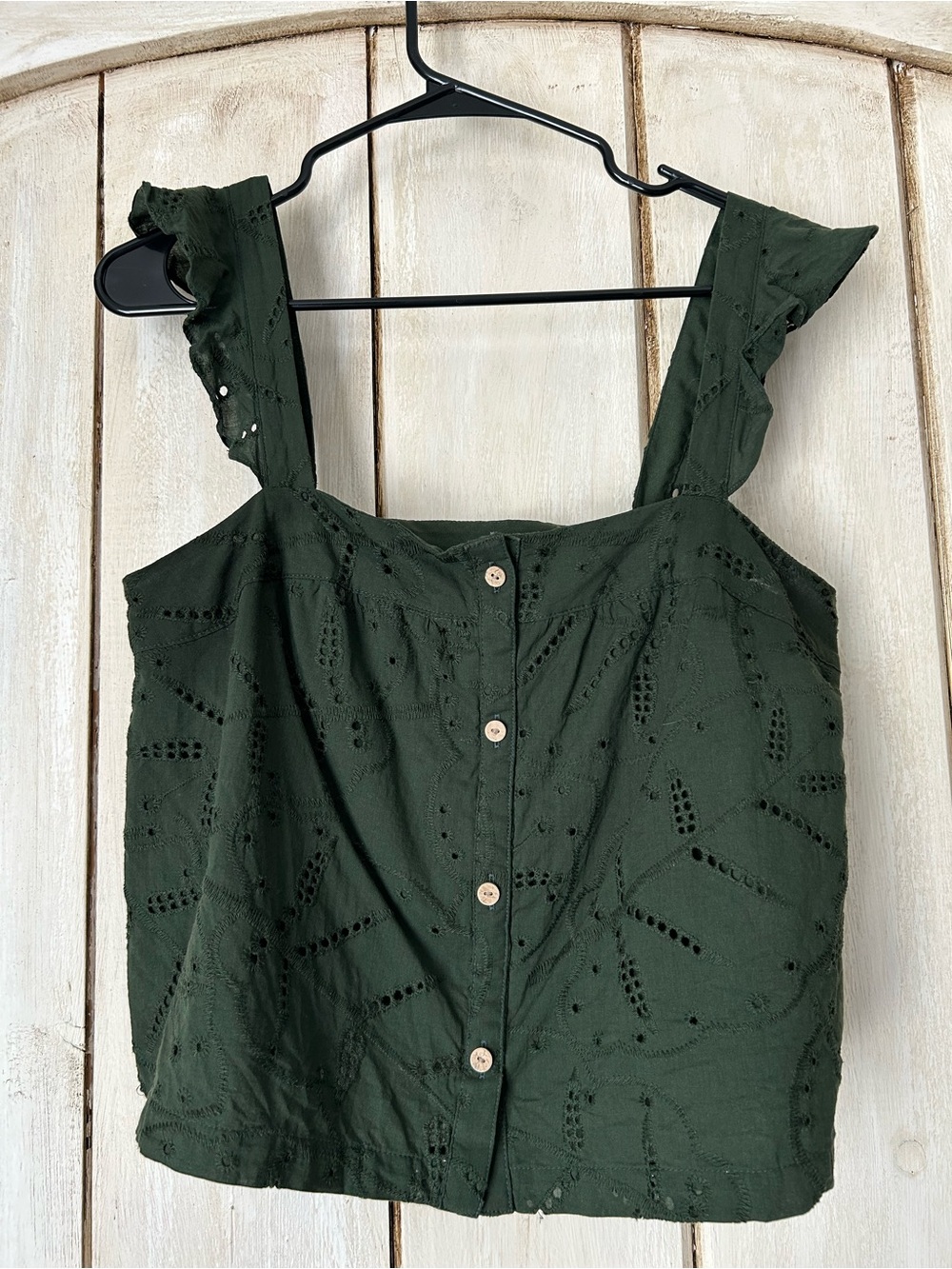 LC Lauren Conrad Forest Green Eyelet Button-Front Ruffle Strap Tank